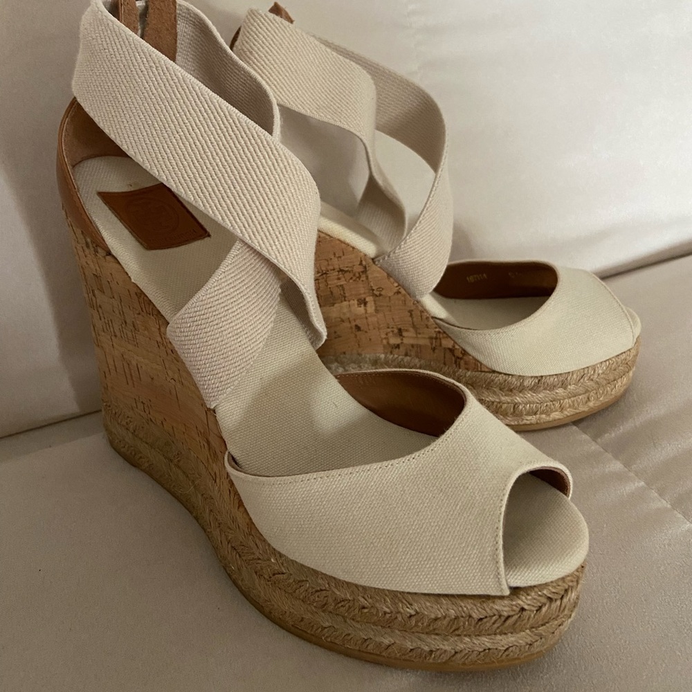 Tory Burch Cream Canvas Cork Espadrille Wedge Sandals